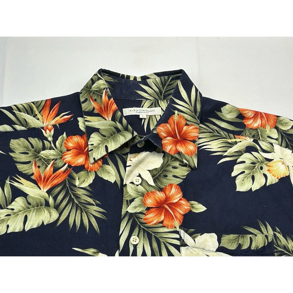 Alex Cannon Hawaiian Camp Shirt Large Tropical Floral Linen Rayon Aloha Navy - Picture 6 of 14